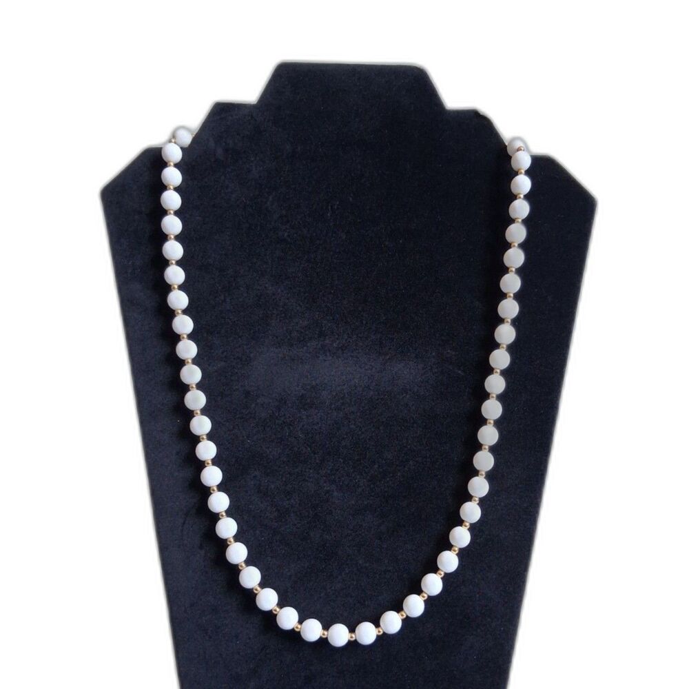 Monet Signed White Beads and Gold Toned Accents Single Strand Fashion Necklace